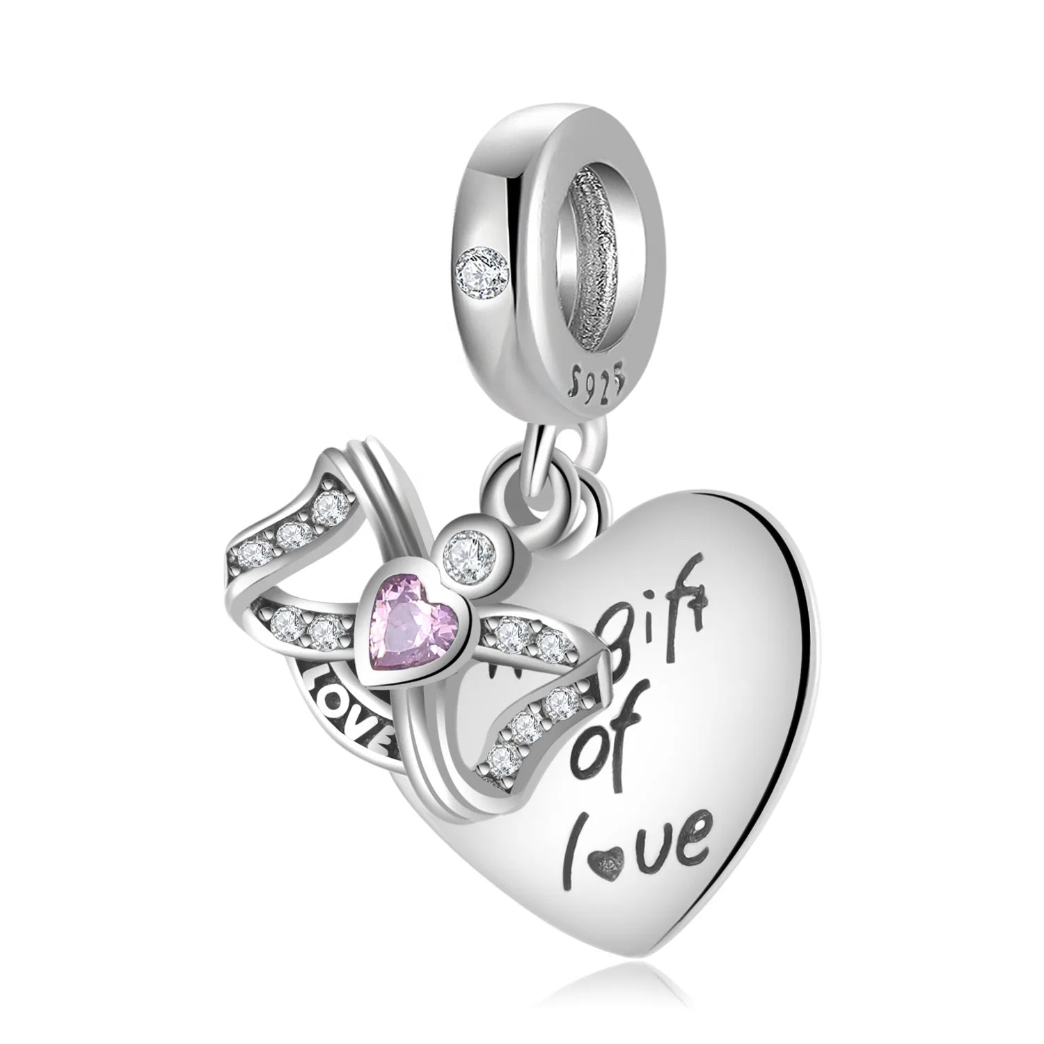 Gift of Love Bowknot Heart Shape Pendant with CZ 925 Sterling Silver Jewelry Making Charm Bead for Women Bracelet Custom logo