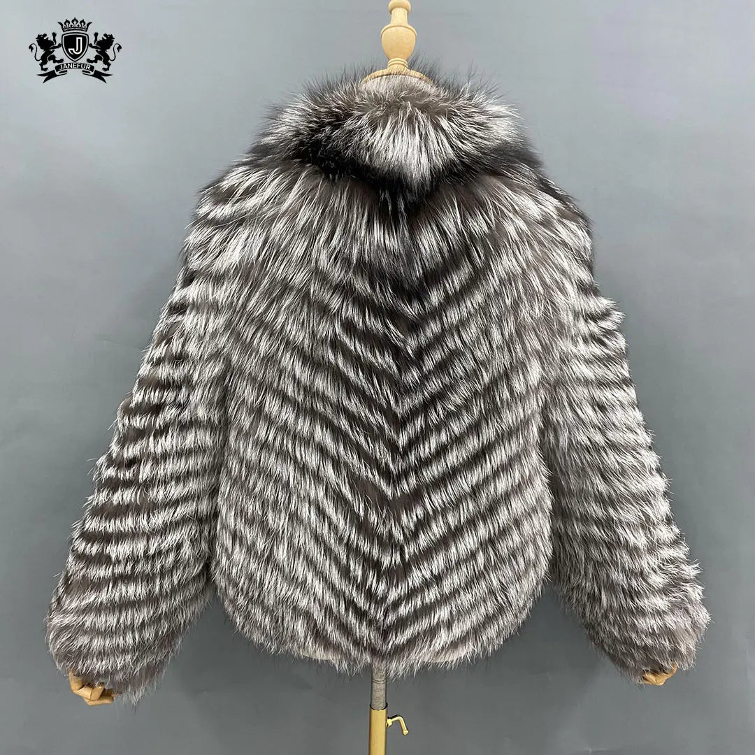 Janefur Fashion Street Luxury Sliver Outwear Natural Fur Coat Women Real Fox Fur Jacket
