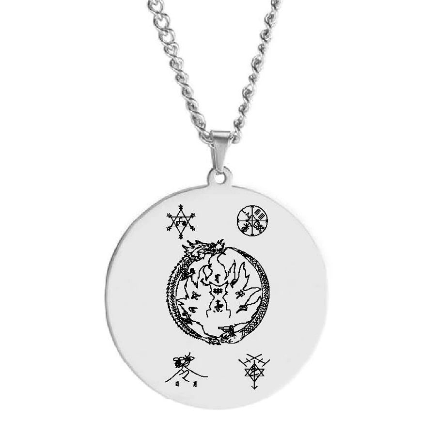 HLSS634 Two Dragons Playing with a Pearl Flame Rune Laser Engraving Amulet Talisman Stainless Steel Pendant Necklace