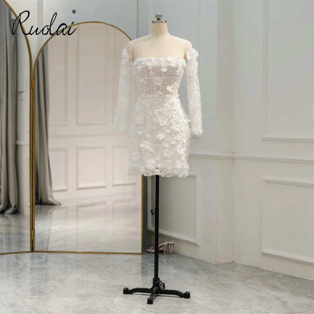 Ruolai QW01971 Sheath Beaded Lace 3D Flowers Long Sleeve Straight Across Neck Short Wedding Dresses for Women