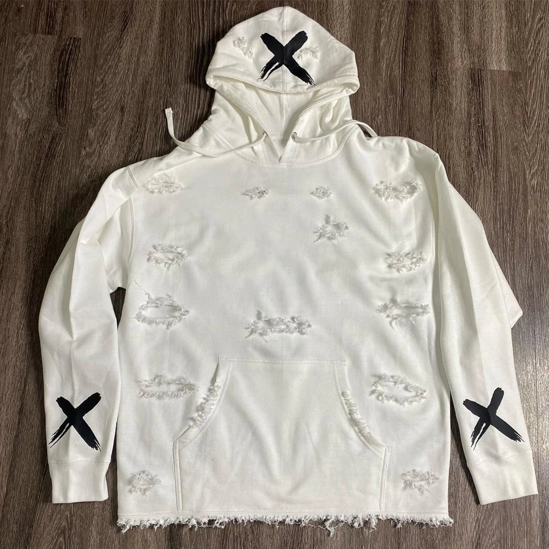 Custom Sweatshirts High Gsm French Terry Cotton Cropped Raw Hem Distressed Hoodie for Men