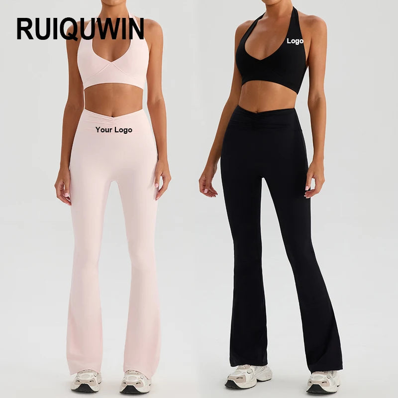 RUIQUWIN Women's Quick Drying Fitness Wear Solid Pattern Flare Leggings Yoga Set OEM Workout Sets for Women