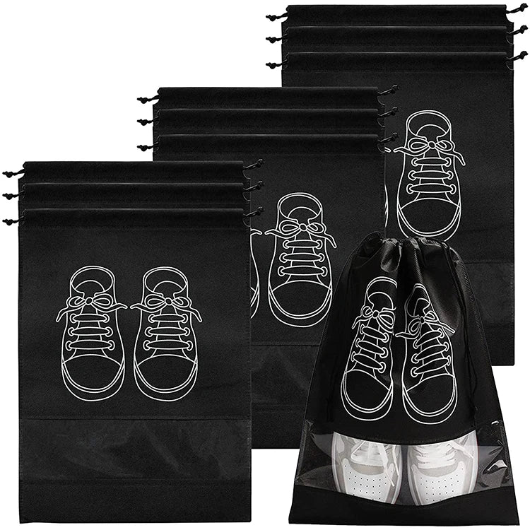 Black Eco-Friendly Non-Woven Fabric Dustproof Shoe Bags with Drawstring for Travel Customizable