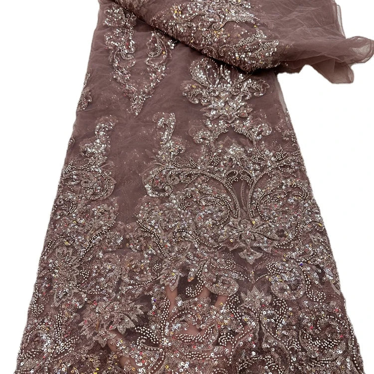 Hot Sale Bead Embroidery Lace Fabric for Evening Dress Mesh French Crystal Sequins Tulle Lace Fabric