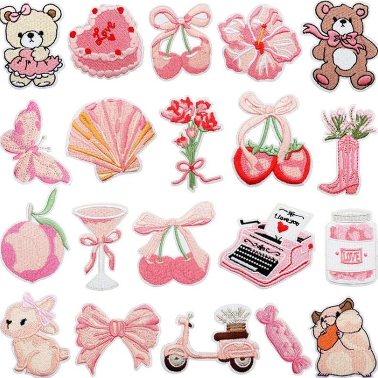 New Creative Pink Cute Fabric Cherry Bowknot Boot Iron-On Shoes Hats Bags Girl Embroidery Patches for DIY Decorative