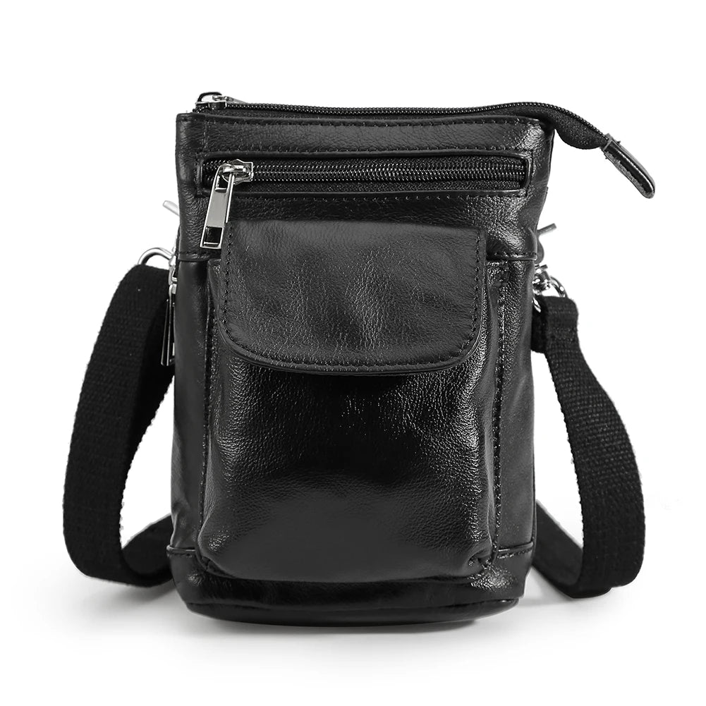 Tiding Mens Small Genuine Leather Black Small Crossbody Shoulder Waist Belt Pouch Bag for Cell Phone Waist Bag for Men