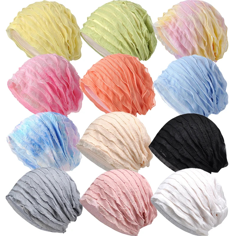 Colorful Thin Gauze Rainbow Gradient Women Pleated Slouchy Cotton Lining Baggy Chemo Cap Chunky Beanie Hat