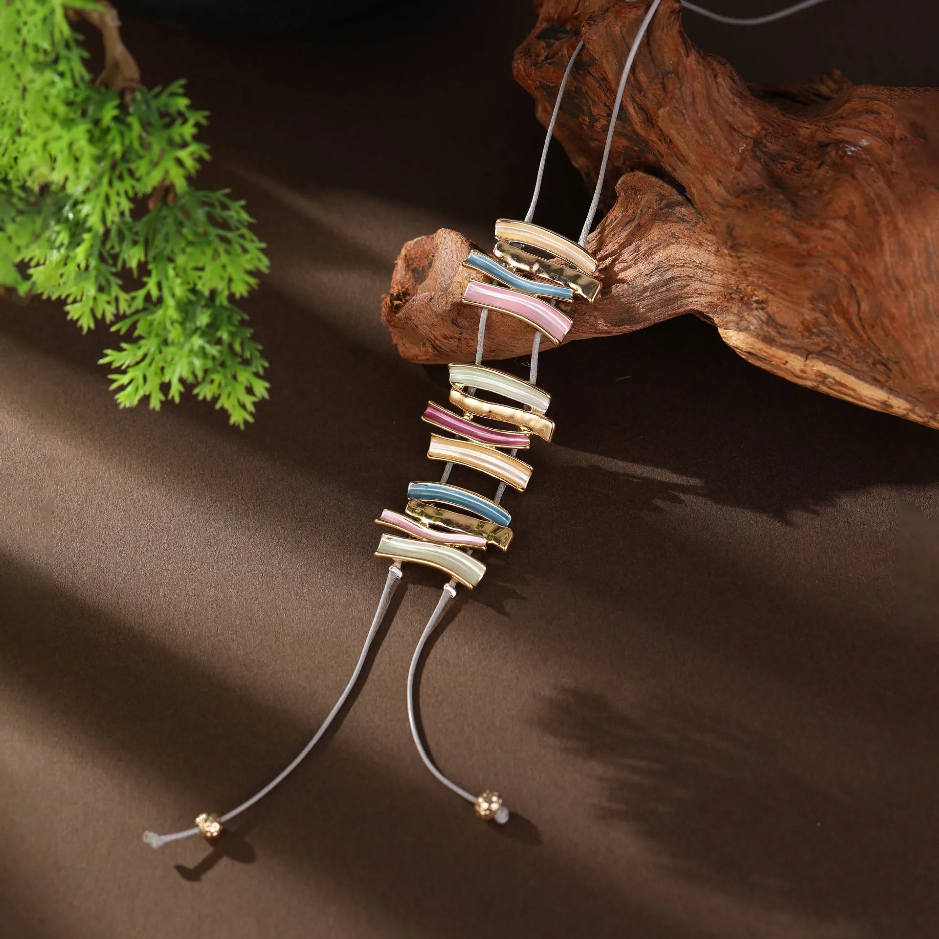 Color Painting Oil Geometric Lines Long Pendant Necklace Vintage Sweater Chain Leather Rope Tassel Necklace for Women