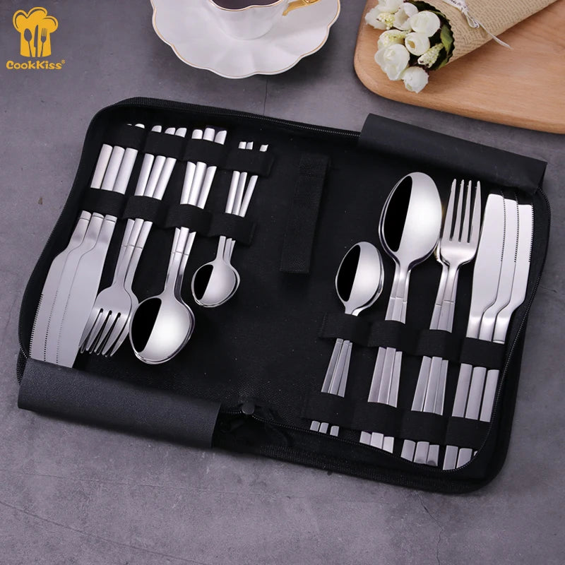 Hot Selling 24Pcs Portable Outdoor Gold-Plated Stainless Steel Cutlery Set Minimalist Classic Design for Back to School