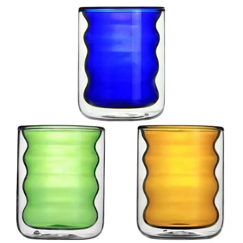 Custom 300ml Creative Wave Shape Borosilicate Double Wall Glass Cup Heat-resistant Drinkware Tea Juice Milk Glass Coffee Mug