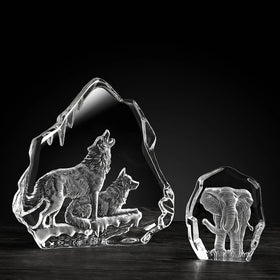 Shining 3D Laser Engraved Wolves Crystal Sculpture Iceberg Crystal Iceberg for Souvenir Gift