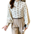 Autumn & Spring French Design Women's Apricot Spot Stand Collar Blouse Lantern Long-sleeve Chiffon Fashion Lady's Shirt