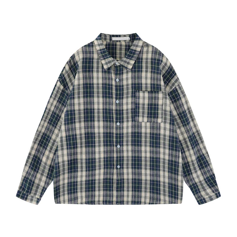 2023 Spring New Retro Loose Plaid Cotton Shirt Men's Casual Business square Collar Shirt