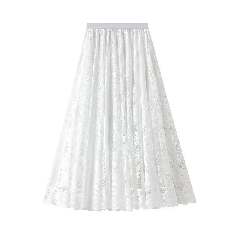 Hot Sale Spring Summer A-Line High Waist Vintage Lace Lady Skirt Women'S Mid-Length Skirt