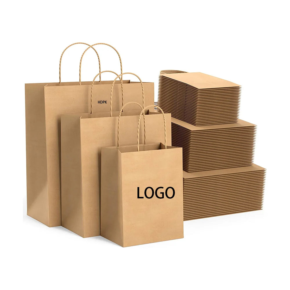 Custom Kraft Paper Bag with Craft Handle for Fast Food Shopping Takeaway Featuring Your Own Logo Print for Restaurant Carry Use