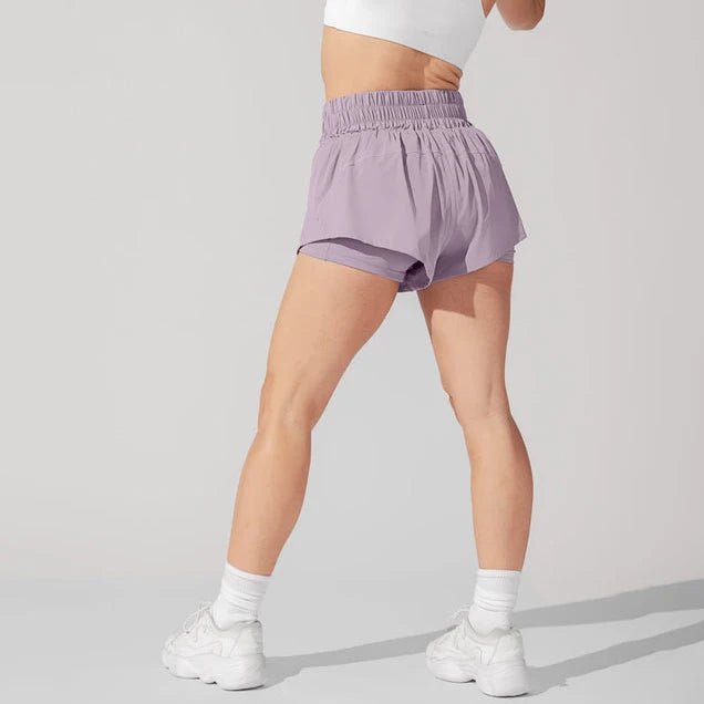 Women's Elastic Waist Gym Yoga Workout Shorts Lightweight 3'' Quick Dry 2 in 1 Running Shorts With Pockets