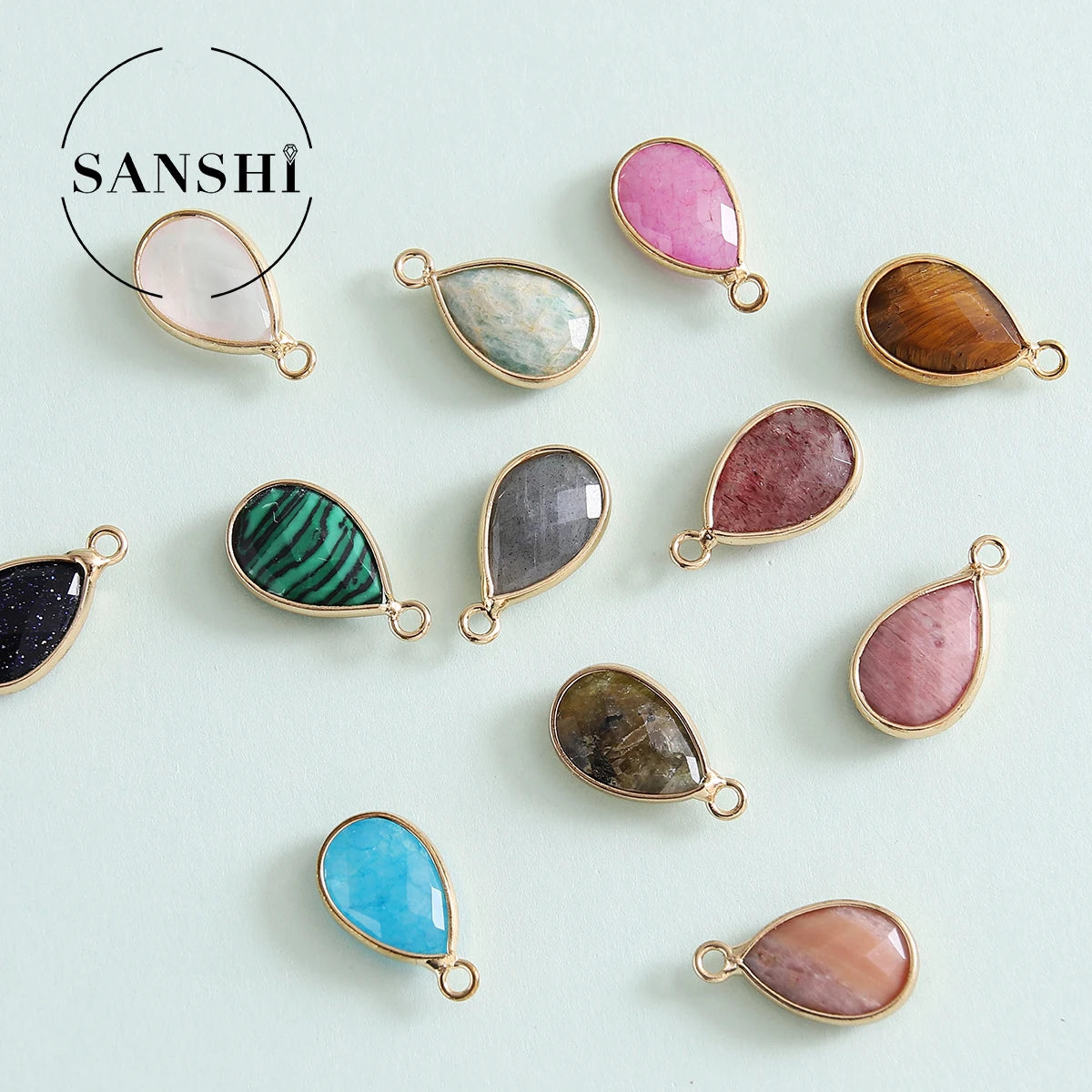 Natural Stone Bound Double Angle Water Drop Gemstone Pendant Classic Gold/Silver Plated Necklace
