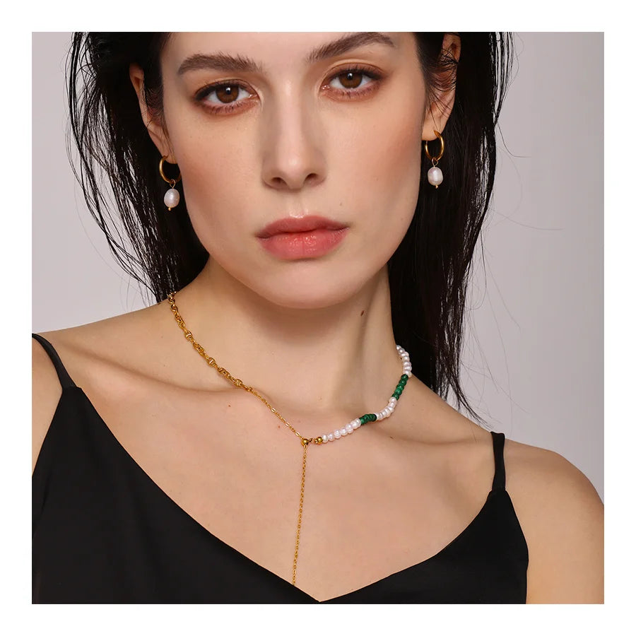 Wholesale Fashion Turquoise Freshwater Pearl Tassel Necklace Earrings Stainless Steel Jewellery Set for Women