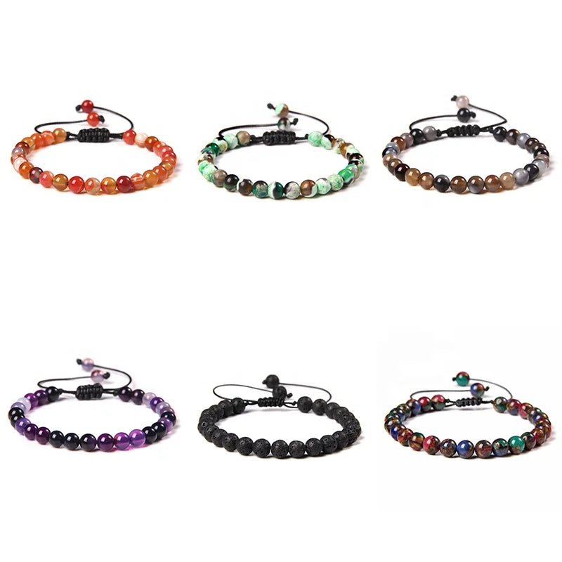 Fashionable 6 mm Colorful Natural Stone Hand Woven Beaded Adjustable Bracelets for Women