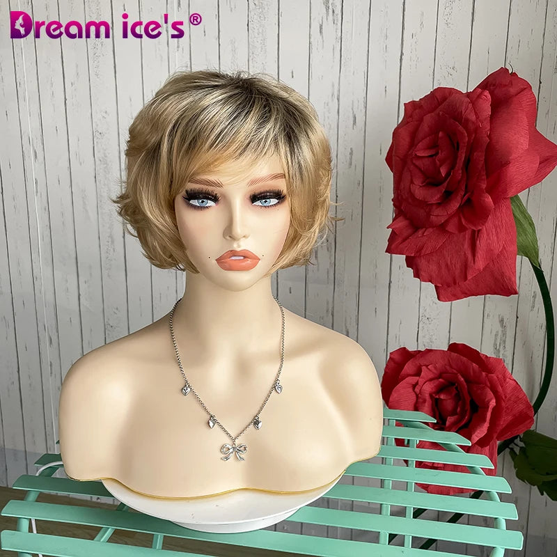 DREAM ICES Women Short Straight Synthetic Wig Platinum Mixed Blonde Heat Resistant Natural Looking Soft Tangle-Free 8inch 150%