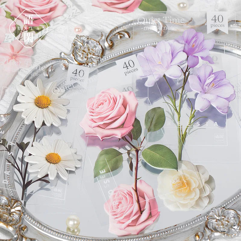 40pcs/pack of convenience stickers Quiet Time Series Flower Handbook Material Decorative Collage Bottom Stickers