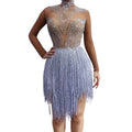Christia Bella Vestido See Through Rhinestone Tassel Latin Dance Short Dress Stage Costume Women Party Gowns Sexy Club Dresses