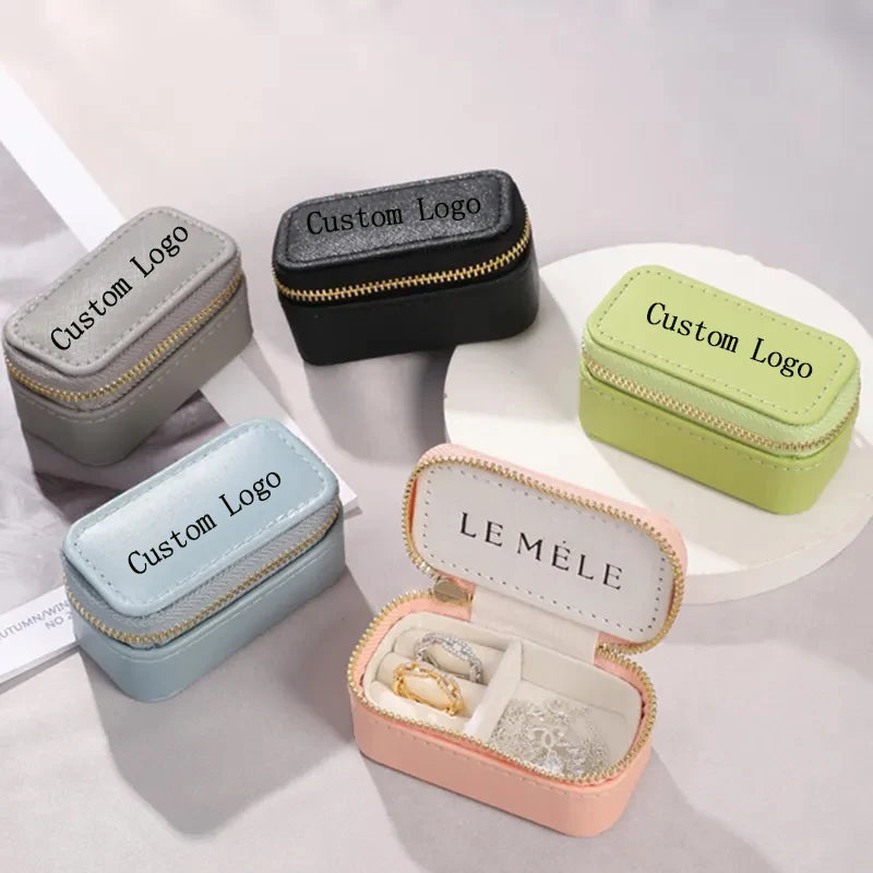Custom Logo Mini Portable PU Leather Jewelry Box for Women for Travel Earrings Necklace Rings Display and Gift Packaging