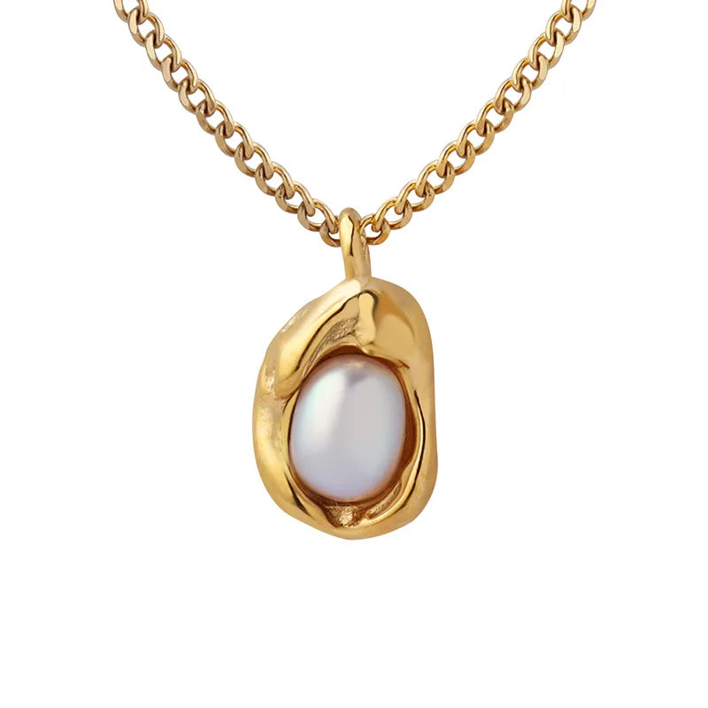 Pendant Cuban Chain Necklace Jewelry Gold Charm Stainless Steel Plated Irregular Freshwater Pearl for Women 18K Gold Jewelry