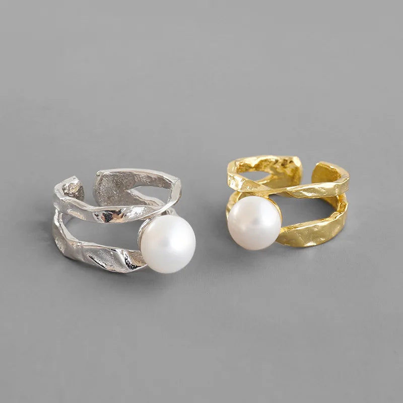 JA456 Yiwu Busheng 925 Sterling Silver Rings Wholesale 18K Gold Plated Ring Double Layers and Pearl for Women
