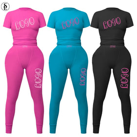 Women Custom Logo Short Shirt Leggings Dupe Cotton Rib Knit Loungewear Outfits 2 Two Piece Pink Set Women