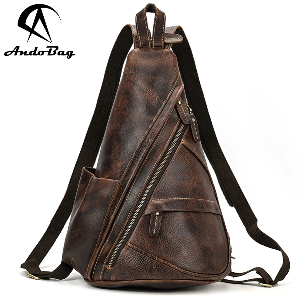 AndoBag Fashion Backpack for Men Crazy Horse Leather Vintage Chest Bag Genuine Cowhide Shoulder Crossbody Bag 5001