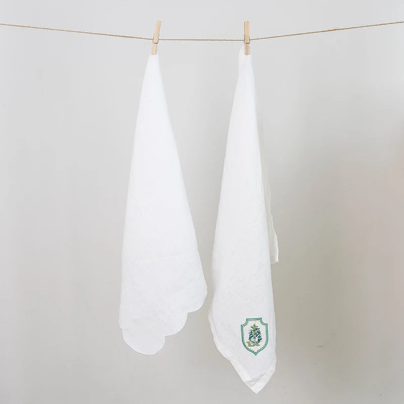 Wholesale White Oeko Tex 100 Embroidered Scalloped 100 Linen Napkin Hemstitched Placemates Linen Handkerchief