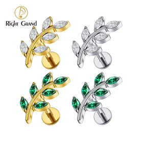 ASTM F136 Titanium 16G Marquise CZ Leaf Stud Earring Leaf Shaped Helix Cartilage Conch Flat Back Piercing Jewelry