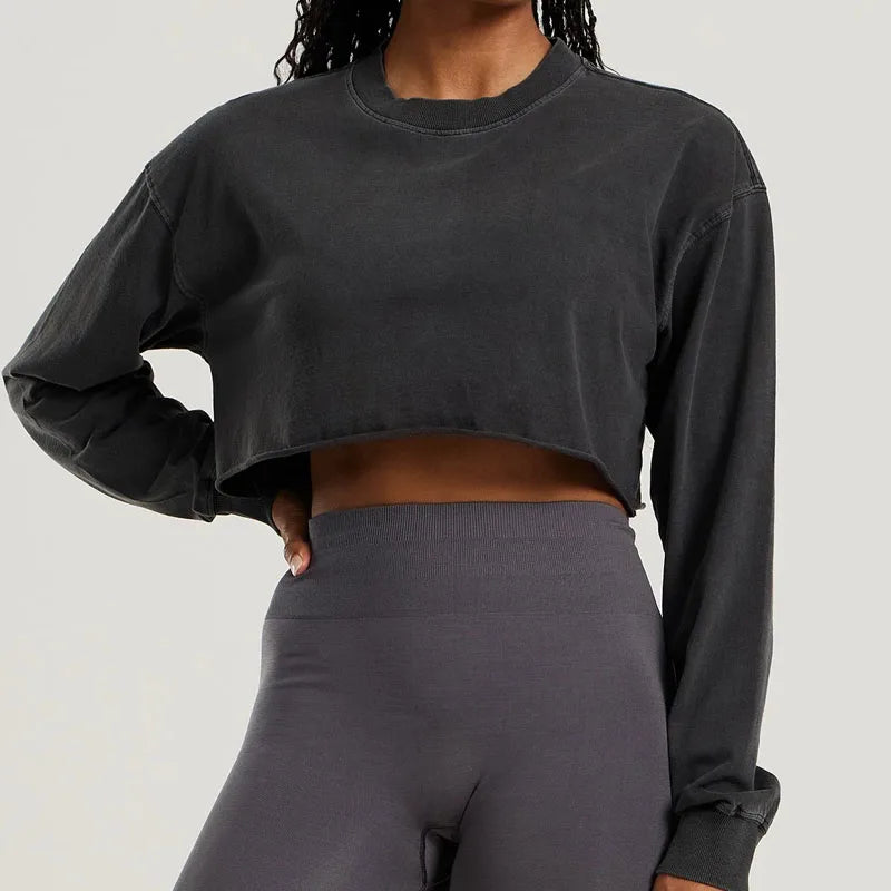 New Fashion Workout Breathable Reversible Crop Top Crew Neck Drop Shoulder Women Gym Long Sleeve T Recyclable Plus Size