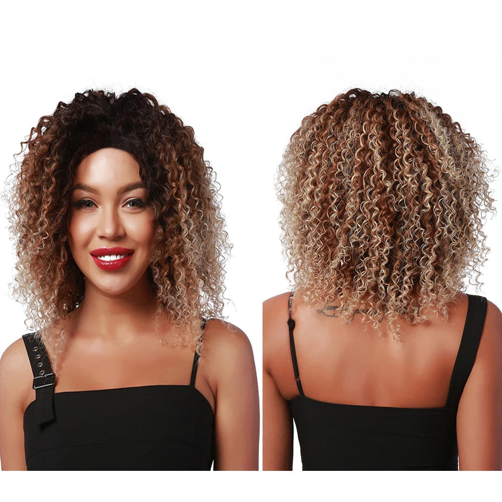 Curly Bob Lace Part Synthetic Wigs Ombre Brown for White Black Women Daily Hair High Density Heat Resistant Wig