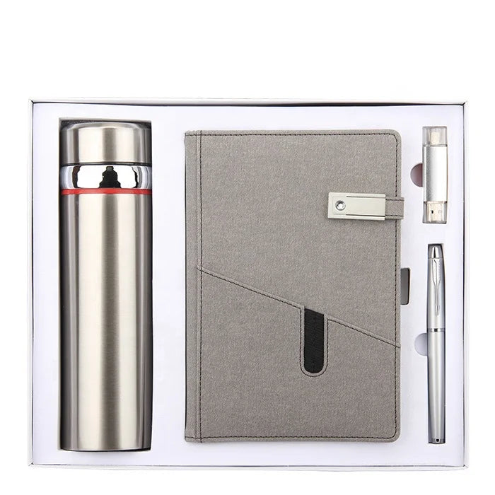 Hot Selling Products 2022 Business Stationery Pu Leather Custom Journal Vacuum Flask and Notebook and Pen Gift Set with Usb