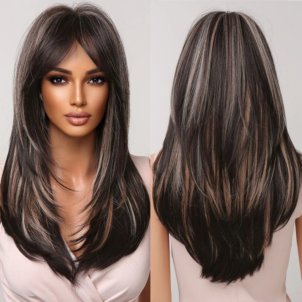 Factory Outlet Synthetic Long Straight Wig for Black Women Mixed Black Blonde Brown Wigs with Bangs Heat Resistant Afro Hair