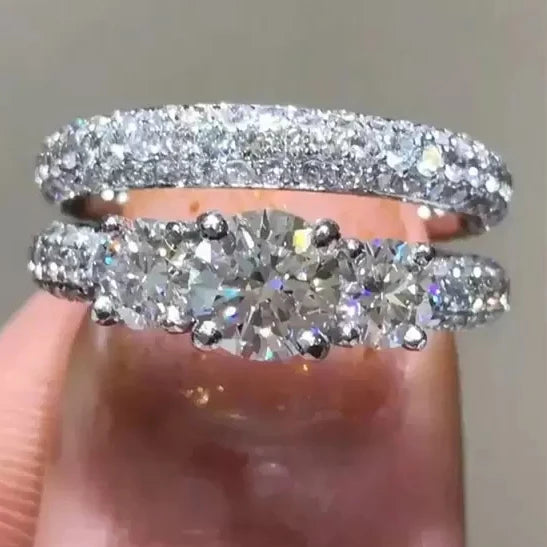 CAOSHI Bride Bague Eternity Full Round Diamonds Ring Set Shiny Rings Women Silver Classic Wedding Ring Sets