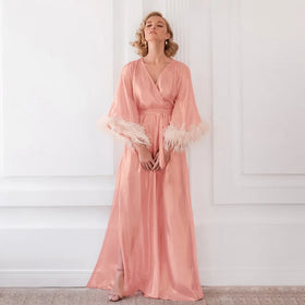 Women Designer Long Robe Smooth Champagne Lightweight Feather Night Dresses Elegant Kimono Sleepwear Luxury Silk Elastic Waist
