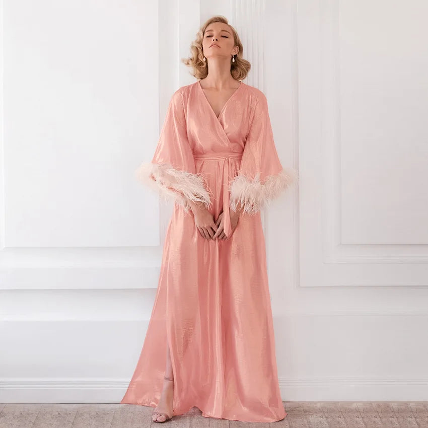 Women Designer Long Robe Smooth Champagne Lightweight Feather Night Dresses Elegant Kimono Sleepwear Luxury Silk Elastic Waist