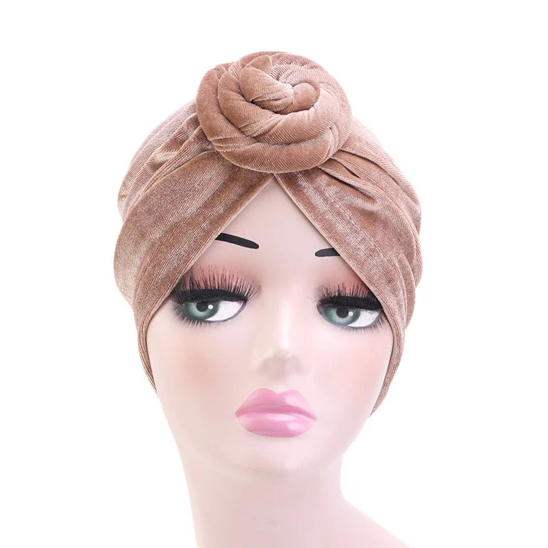 Wholesale Hair Accessories Custom Logo Plain Color New Design Pre-Tied Knotted Turban Cap Velvet Headwrap Turban for Women