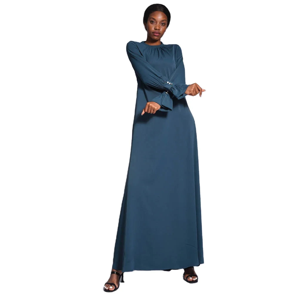 2024 New Wholesale Price Plain Color Classic Style Zipper Back Closure O Neck Summer Office Abaya Women Muslim Dress