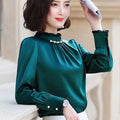 Women Spring Long Sleeve Office Lady Elegant Satin Shirts Women's Bead Pleated Stand Collar Tops Blouse Casual Shirt