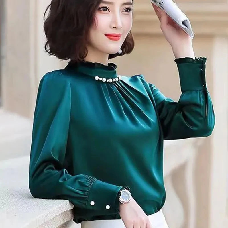 Women Spring Long Sleeve Office Lady Elegant Satin Shirts Women's Bead Pleated Stand Collar Tops Blouse Casual Shirt