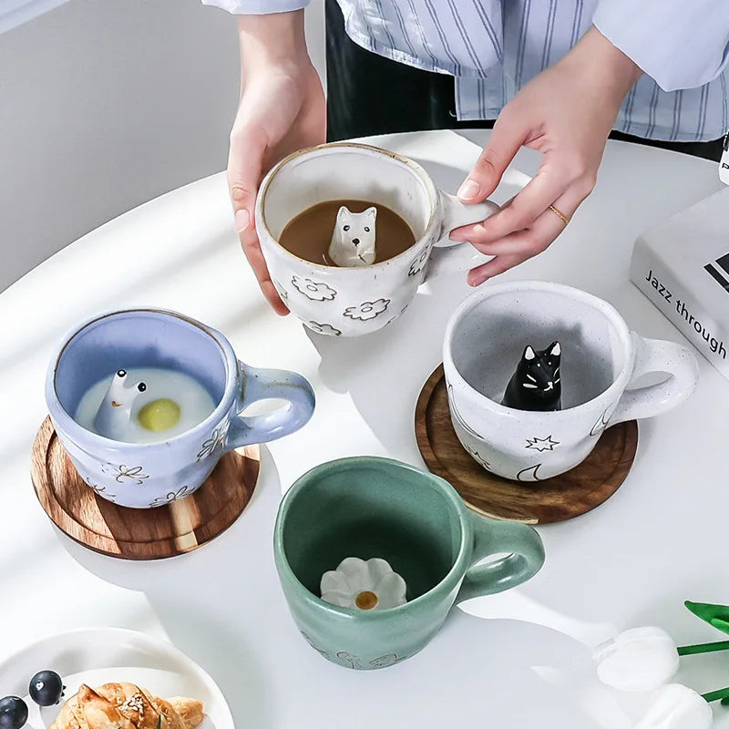 Custom logo New 3D Ceramic Coffee Cup Hidden Animal Creative Cute Stoneware Mug Milk Water Drinking Cup