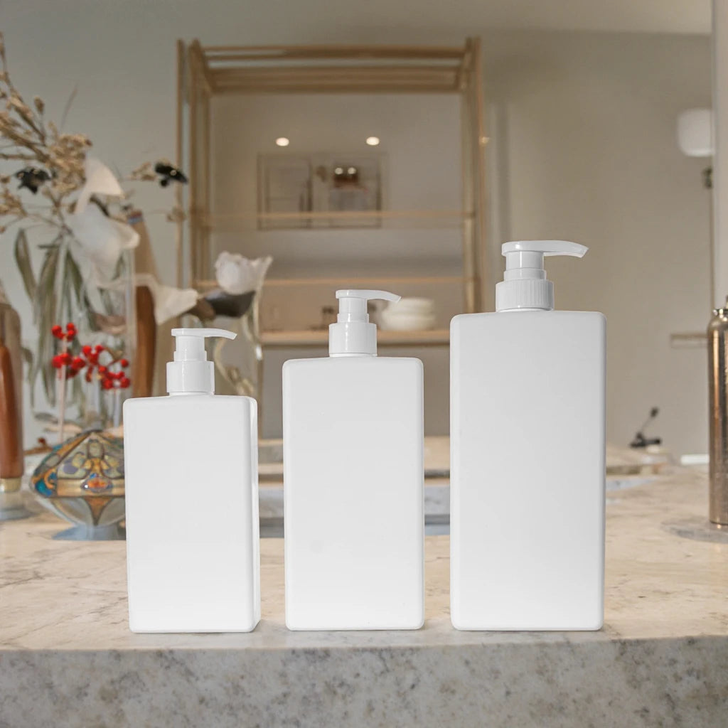 HPDE Multi-Capacity Cosmetic Oil Pump Bottles 200ml-750ml White Square Plastic Shampoo Bottles for Skin Care Serum
