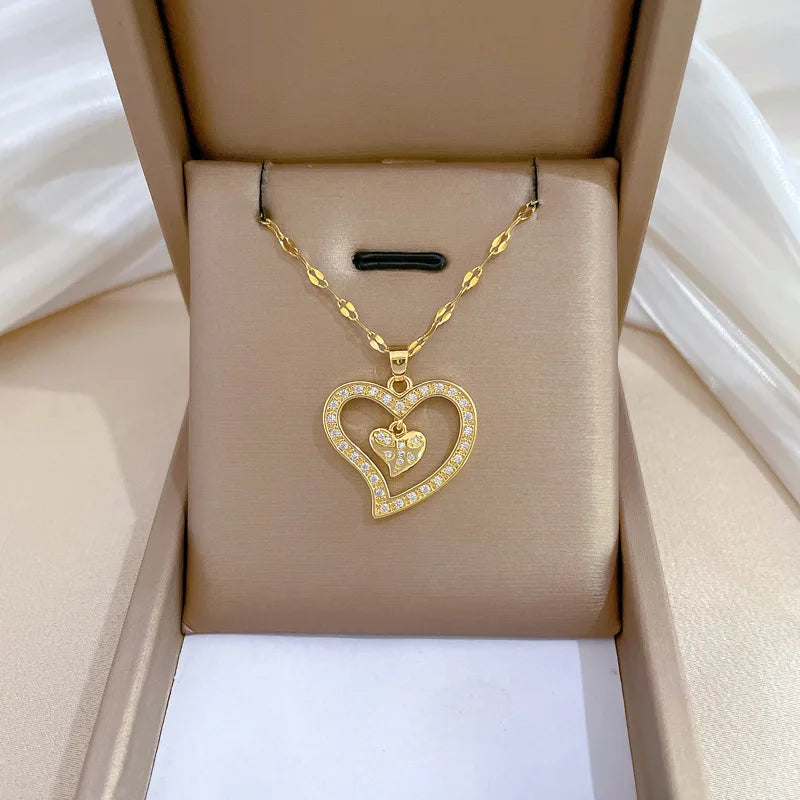Fashion Luxury 18k Gold Plated Stainless Steel Crystal Zircon Double Love Pendant Necklace Jewelry for Women Girls
