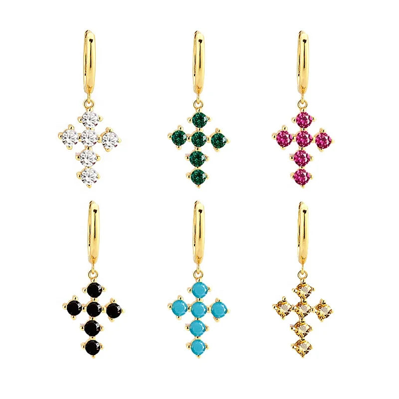 EH1212 Luxury 925 Sterling Silver Drop Earring for Woman Men Girls Colorful CZ Cross Shape Earrings Gothic Jewelry Daily Wear