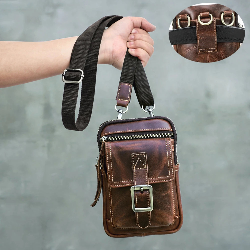 Vintage Genuine Leather Small Crossbody Phone Bag Men Convertible Waist Belt Bag Multi-Pocket Bum Bag With Card Slots Buckle