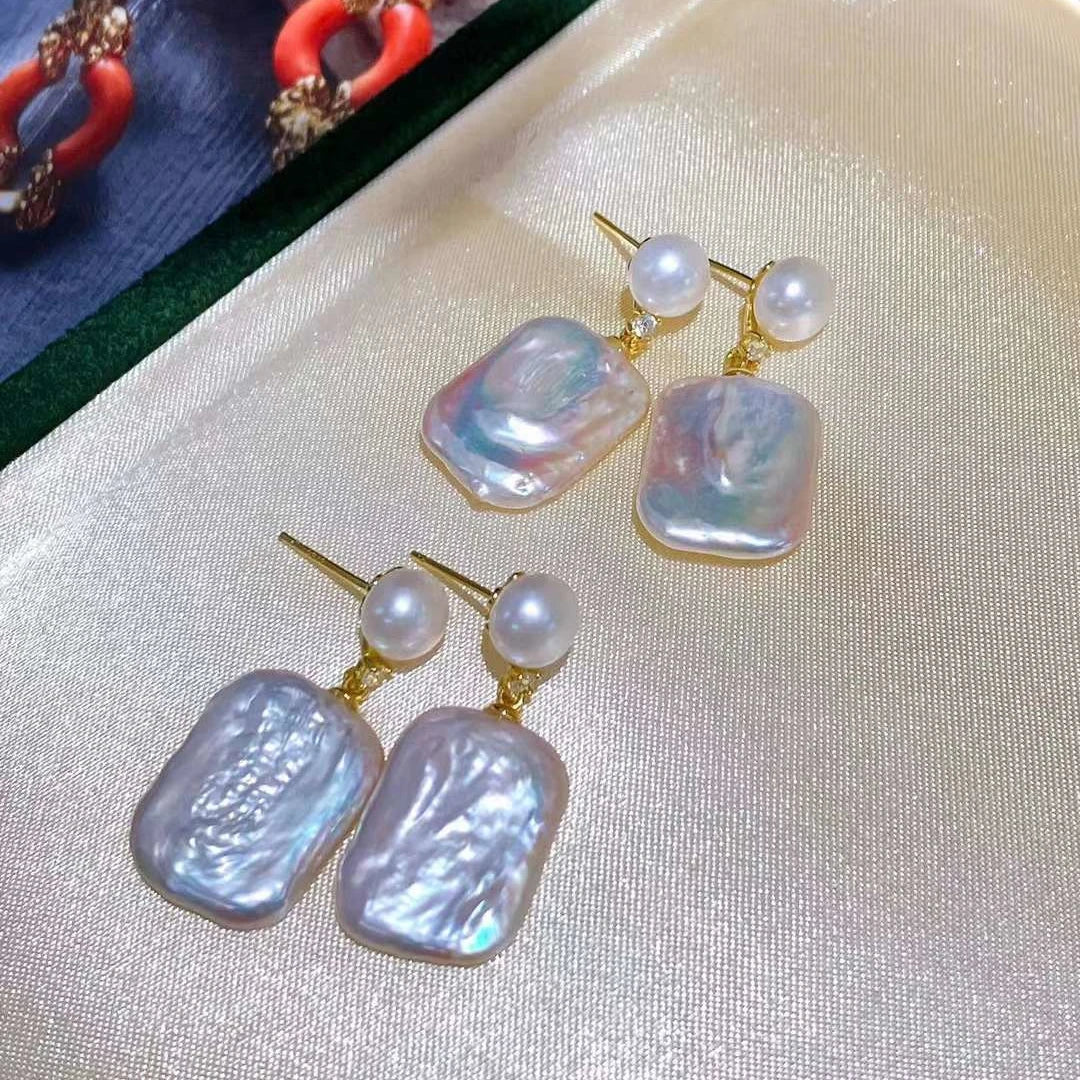 Artistic Baroque Square Double Pearl Earrings Allergy Mimicking Design Freshwater Natural Square Baroque Pearls for Parties
